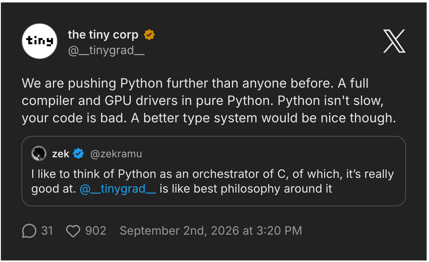 Screenshot of the tiny corp's X post.